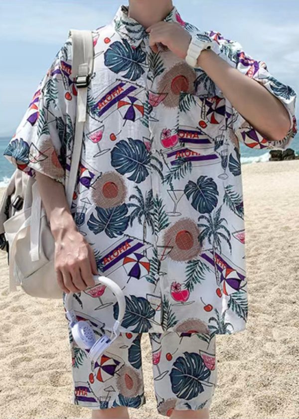 Loose Peter Pan Collar Print Cotton Men Two Pieces Set Summer - Image 2