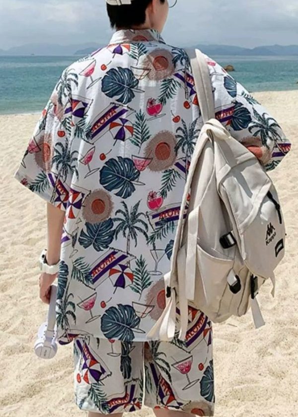 Loose Peter Pan Collar Print Cotton Men Two Pieces Set Summer - Image 5