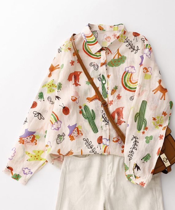 Loose Peter Pan Collar Print Cotton Shirts Spring