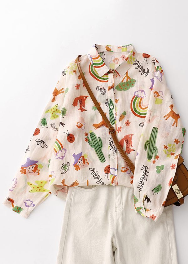Loose Peter Pan Collar Print Cotton Shirts Spring
