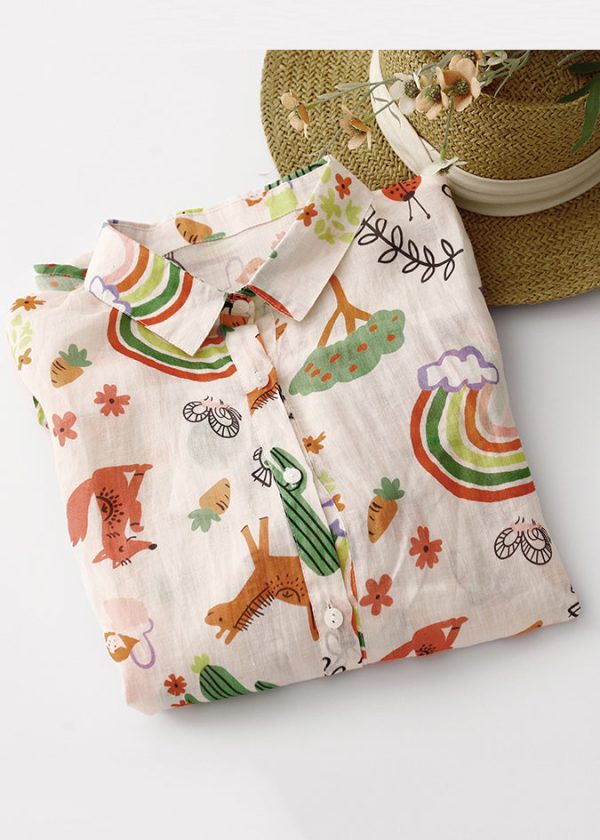 Loose Peter Pan Collar Print Cotton Shirts Spring - Image 3