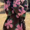 Loose Pink O Neck Floral Thick Knit Sweater Spring