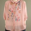 Loose Pink Print Button Linen Blouses Half Sleeve
