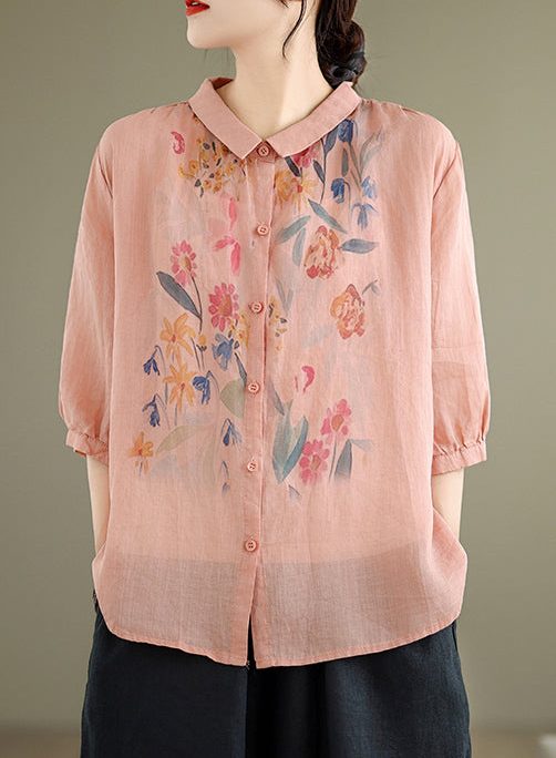 Loose Pink Print Button Linen Blouses Half Sleeve