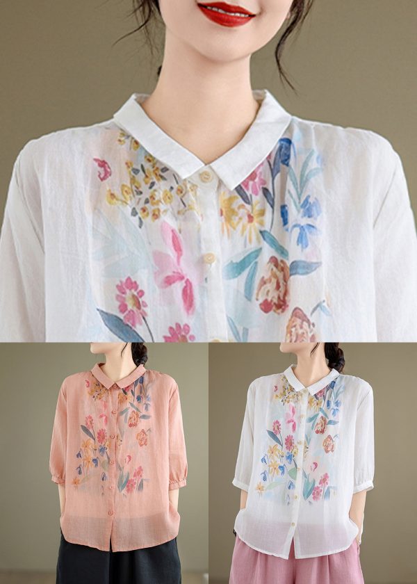 Loose Pink Print Button Linen Blouses Half Sleeve - Image 5