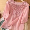 Loose Pink V Neck Embroidered Cotton Blouses Half Sleeve