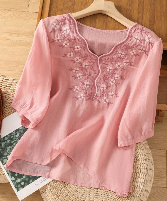 Loose Pink V Neck Embroidered Cotton Blouses Half Sleeve