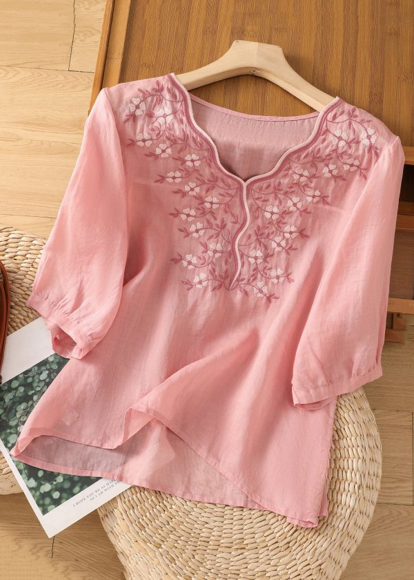 Loose Pink V Neck Embroidered Cotton Blouses Half Sleeve
