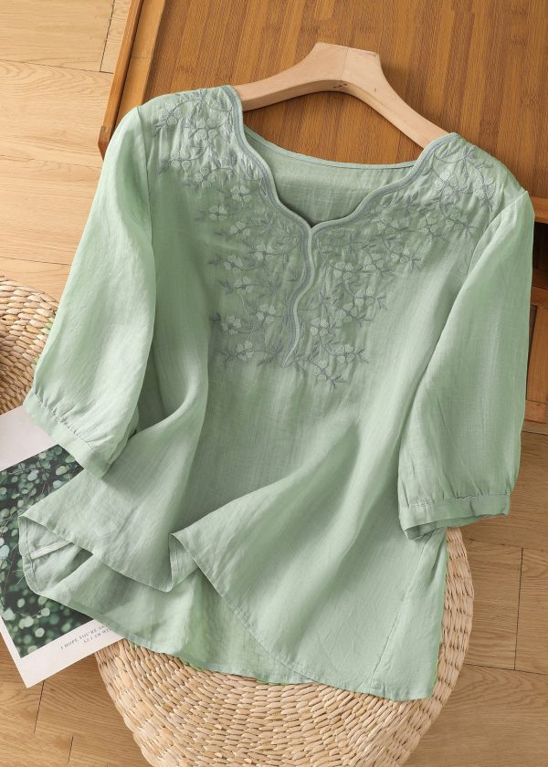 Loose Pink V Neck Embroidered Cotton Blouses Half Sleeve - Image 2