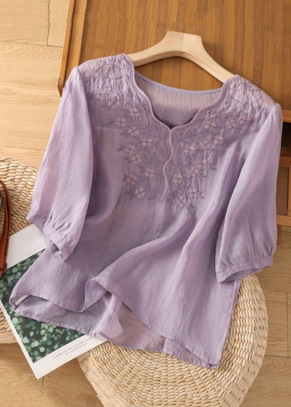 Loose Pink V Neck Embroidered Cotton Blouses Half Sleeve - Image 3