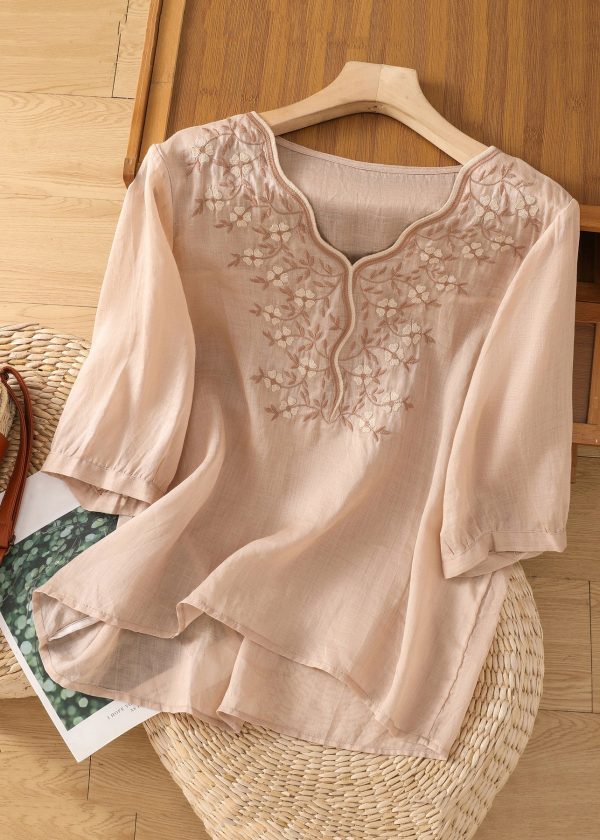 Loose Pink V Neck Embroidered Cotton Blouses Half Sleeve - Image 4