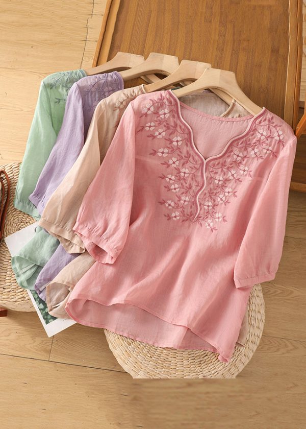 Loose Pink V Neck Embroidered Cotton Blouses Half Sleeve - Image 5