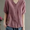 Loose Pink V Neck Embroideried Floral Summer Linen Shirt