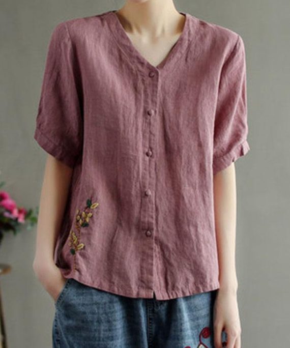Loose Pink V Neck Embroideried Floral Summer Linen Shirt
