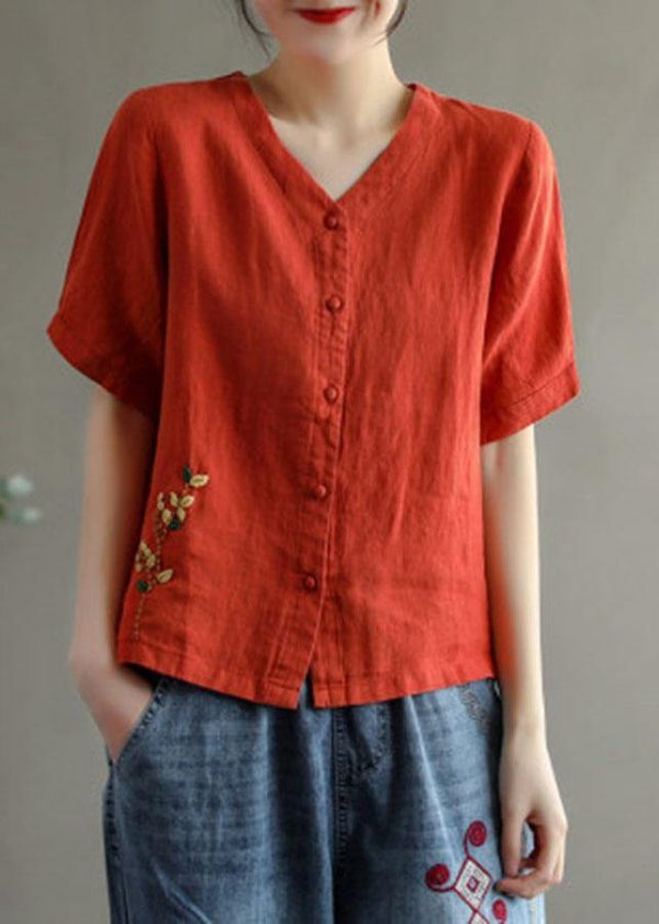 Loose Pink V Neck Embroideried Floral Summer Linen Shirt - Image 2