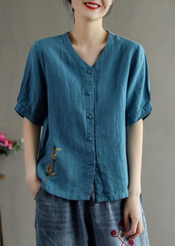 Loose Pink V Neck Embroideried Floral Summer Linen Shirt - Image 3
