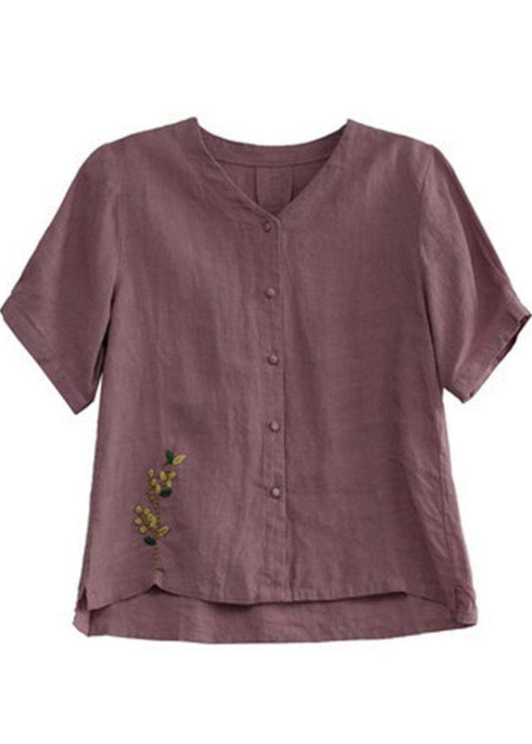 Loose Pink V Neck Embroideried Floral Summer Linen Shirt - Image 5