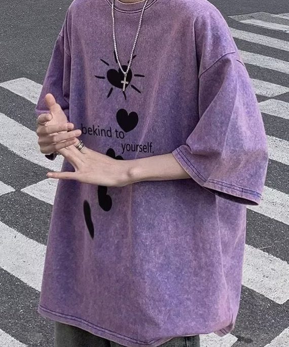 Loose Purple Love Letter Print Cotton T Shirt Men Half Sleeve