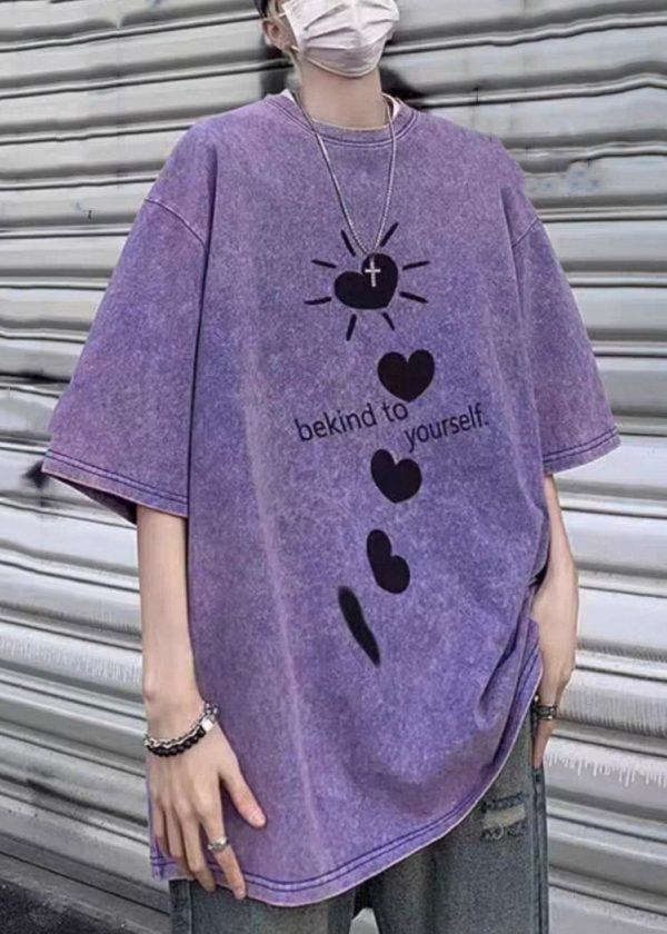 Loose Purple Love Letter Print Cotton T Shirt Men Half Sleeve - Image 3