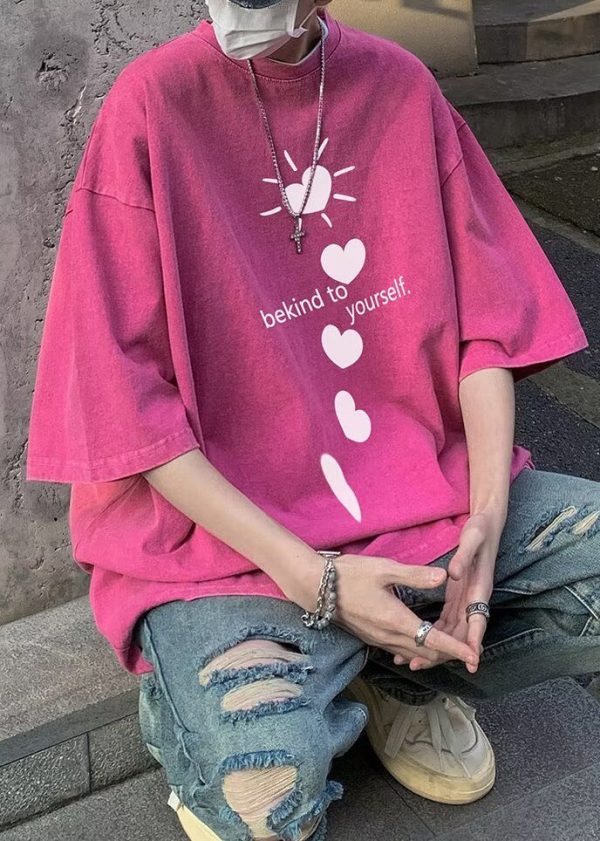 Loose Purple Love Letter Print Cotton T Shirt Men Half Sleeve - Image 4