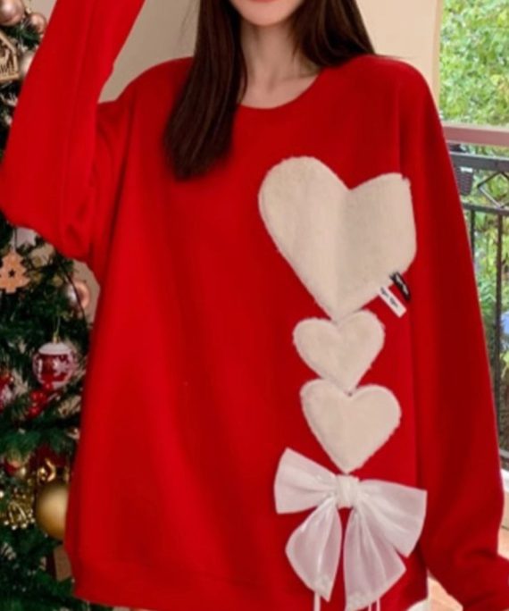Loose Red O-Neck Love Bow Knit Sweaters Spring