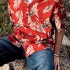 Loose Red Peter Pan Collar Button Print Cotton Men Shirt Summer