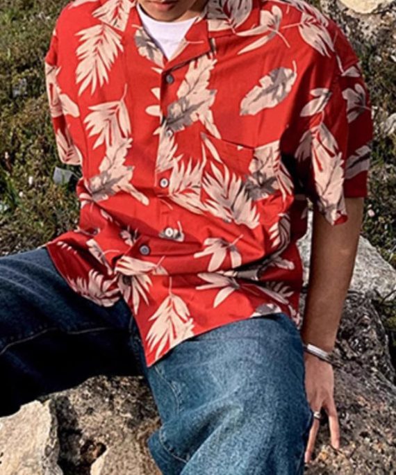 Loose Red Peter Pan Collar Button Print Cotton Men Shirt Summer