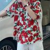 Loose Red Peter Pan Collar Print Cotton Men Shirts Summer