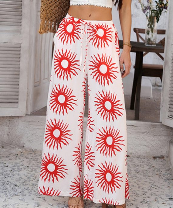 Loose Red Sunflower High Waist Wide Leg Pants Summer