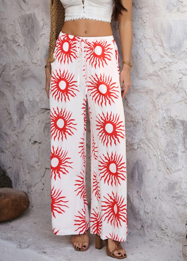 Loose Red Sunflower High Waist Wide Leg Pants Summer - Image 2