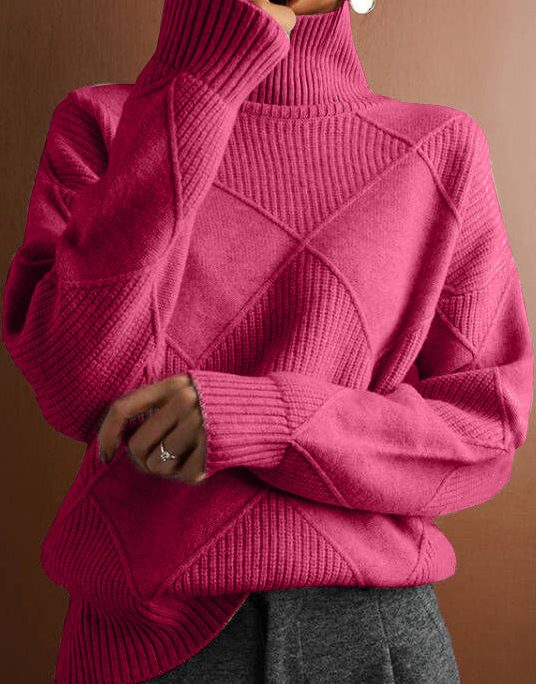 Loose Rose Turtleneck Plaid Cozy Knit Sweater Spring