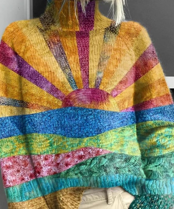 Loose Turtleneck Print Patchwork Knit Sweater Spring
