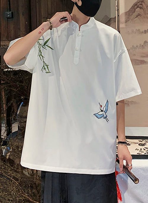 Loose White Embroideried Button Cotton T Shirts Stand Collar Half Sleeve
