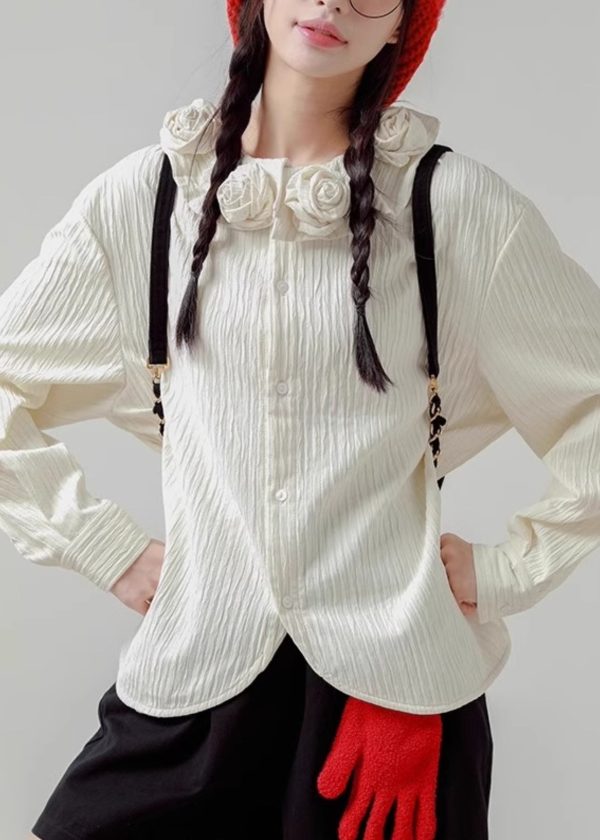 Loose White Floral Button Cotton Shirt Spring - Image 2