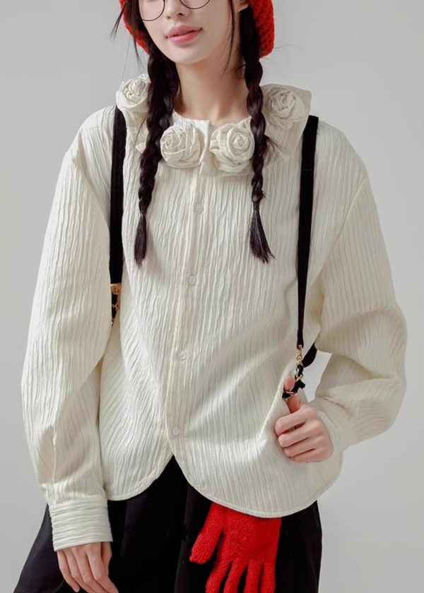 Loose White Floral Button Cotton Shirt Spring - Image 3