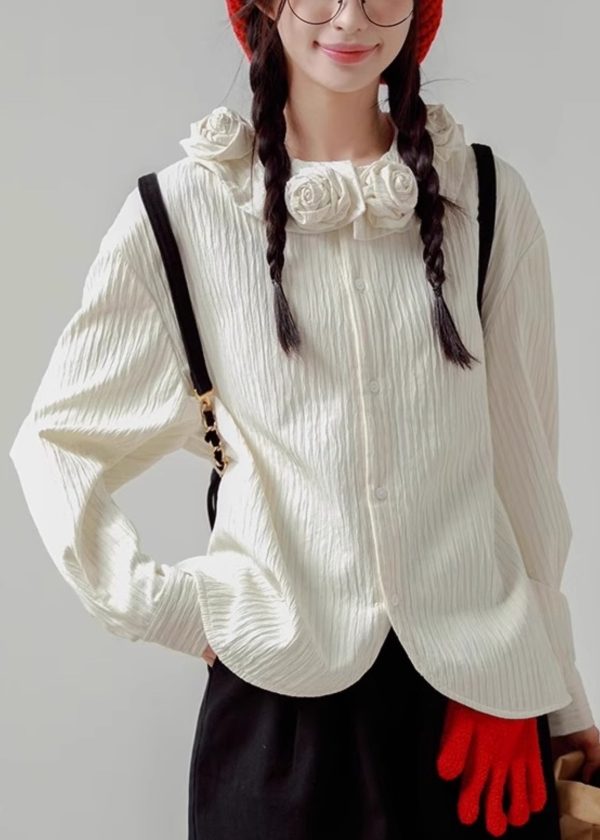 Loose White Floral Button Cotton Shirt Spring - Image 4