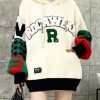 Loose White Hooded Patchwork Knit Sweater Tops Spring