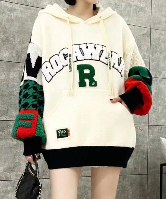 Loose White Hooded Patchwork Knit Sweater Tops Spring