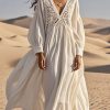 Loose White Lace Patchwork Cotton Holiday Dress Hollow Out Spring