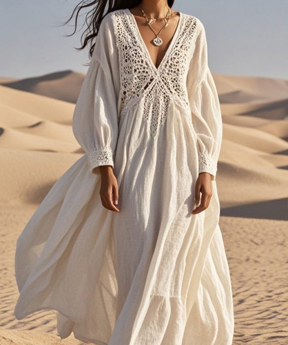 Loose White Lace Patchwork Cotton Holiday Dress Hollow Out Spring