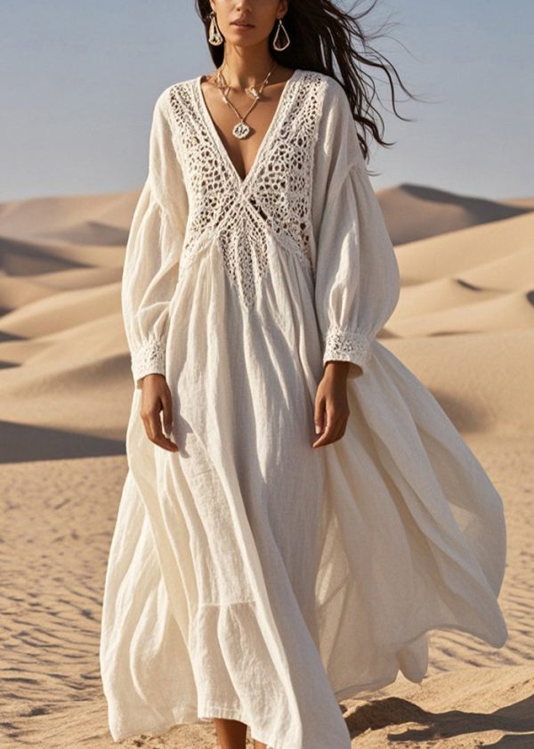 Loose White Lace Patchwork Cotton Holiday Dress Hollow Out Spring - Image 3