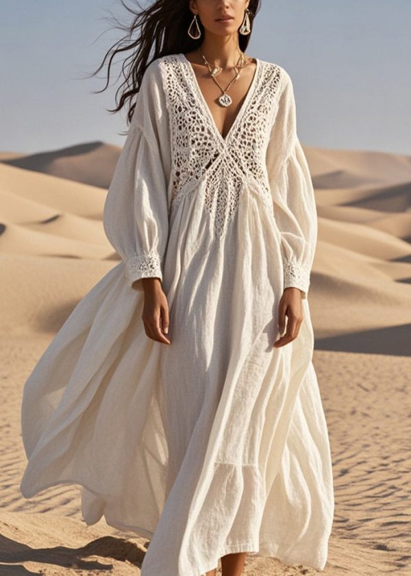 Loose White Lace Patchwork Cotton Holiday Dress Hollow Out Spring - Image 5