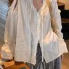Loose White Lace Up Ruffled Cotton Shirt Flare Sleeve