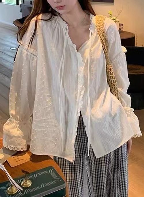 Loose White Lace Up Ruffled Cotton Shirt Flare Sleeve