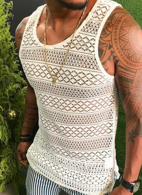 Loose White O Neck Hollow Out Solid Cotton Men Tank Summer