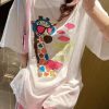 Loose White O Neck Print Cotton T Shirt Summer
