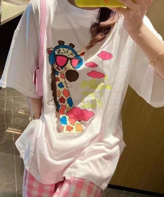 Loose White O Neck Print Cotton T Shirt Summer