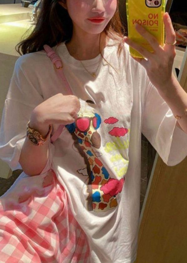 Loose White O Neck Print Cotton T Shirt Summer - Image 3