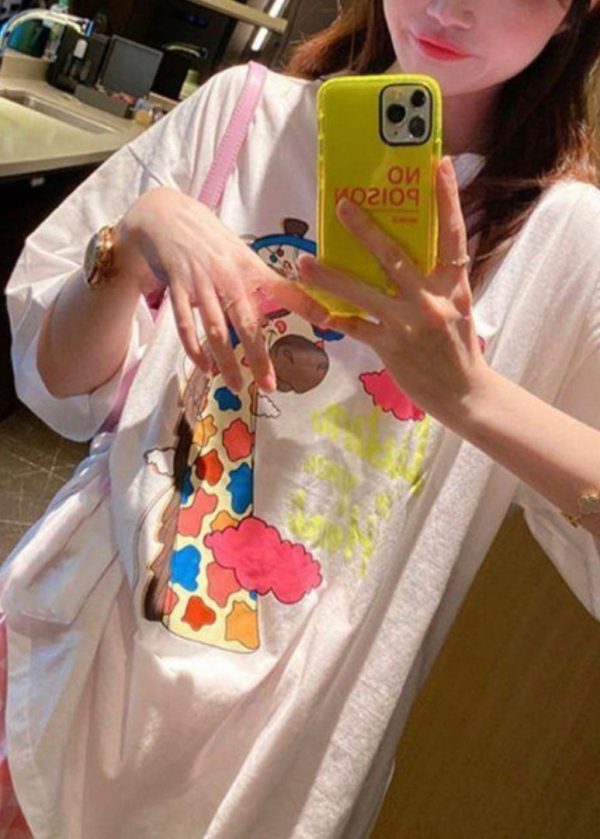 Loose White O Neck Print Cotton T Shirt Summer - Image 4