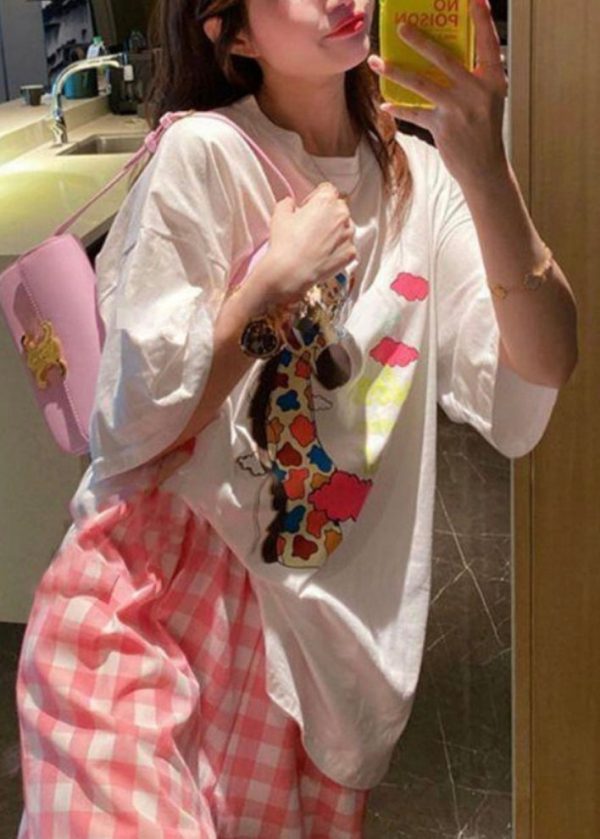 Loose White O Neck Print Cotton T Shirt Summer - Image 5